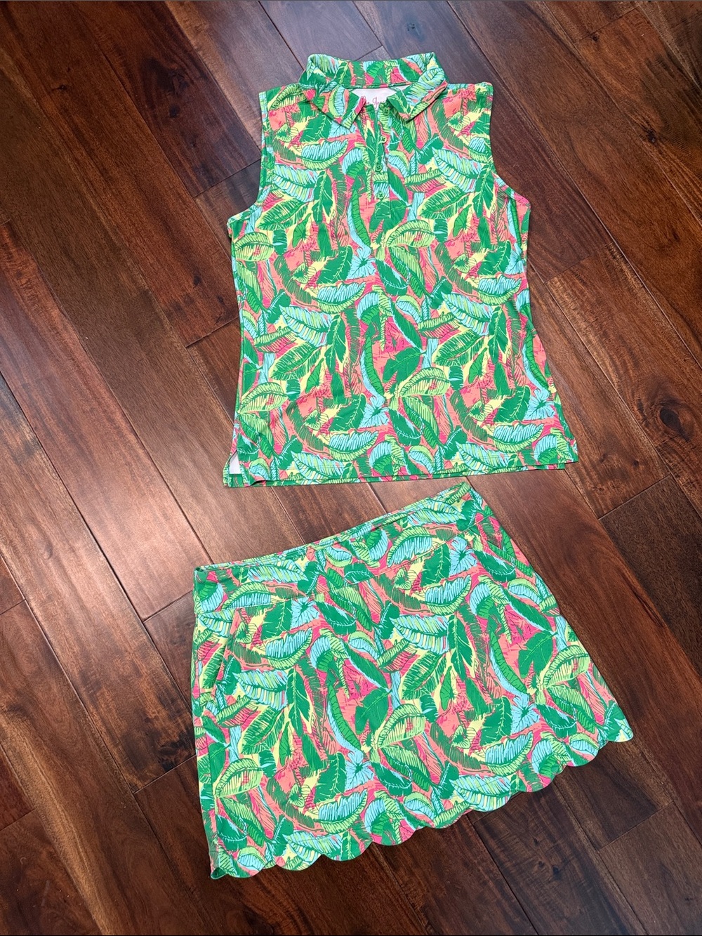 Lillie Green Sleeveless Tropical Print Golf or Tennis Skort Set sz S/M
